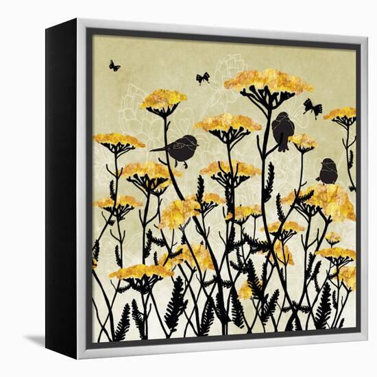 Yarrow Flowers with Silhouette Birds and Butterflies-Bee Sturgis-Framed Stretched Canvas