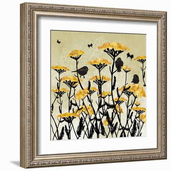 Yarrow Flowers with Silhouette Birds and Butterflies-Bee Sturgis-Framed Art Print