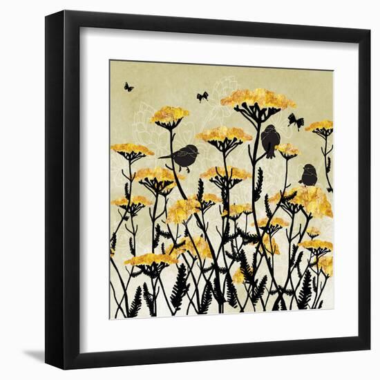 Yarrow Flowers with Silhouette Birds and Butterflies-Bee Sturgis-Framed Art Print