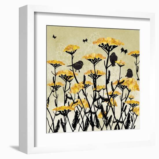 Yarrow Flowers with Silhouette Birds and Butterflies-Bee Sturgis-Framed Art Print