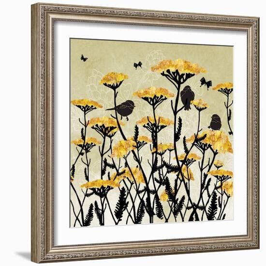 Yarrow Flowers with Silhouette Birds and Butterflies-Bee Sturgis-Framed Art Print