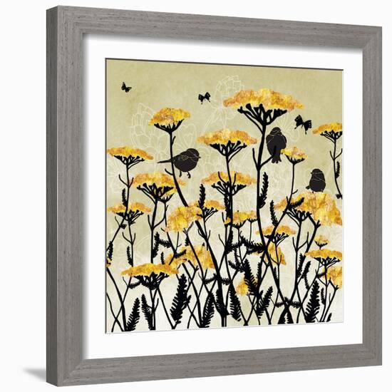 Yarrow Flowers with Silhouette Birds and Butterflies-Bee Sturgis-Framed Art Print