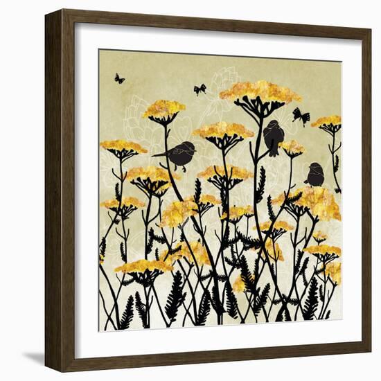 Yarrow Flowers with Silhouette Birds and Butterflies-Bee Sturgis-Framed Art Print