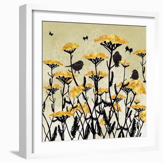 Yarrow Flowers with Silhouette Birds and Butterflies-Bee Sturgis-Framed Art Print