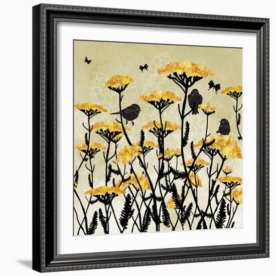 Yarrow Flowers with Silhouette Birds and Butterflies-Bee Sturgis-Framed Art Print