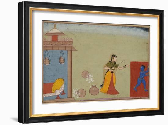 Yashoda Chastises Her Foster Son, Krishna, page from a manuscript of the Bhagavata Purana, c.1600-Indian School-Framed Giclee Print