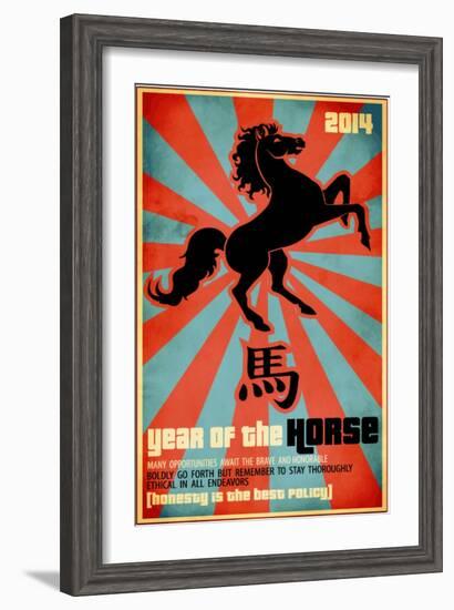 Year Of The Horse Poster - Chinese Zodiac Card With The Rearing Horse And Chinese Character Fo-LanaN.-Framed Art Print