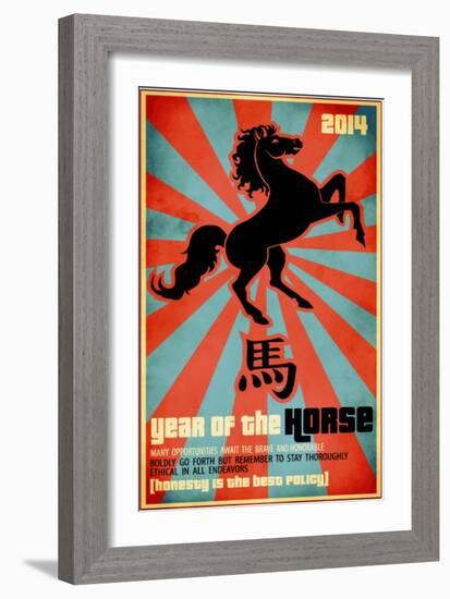 Year Of The Horse Poster - Chinese Zodiac Card With The Rearing Horse And Chinese Character Fo-LanaN.-Framed Art Print