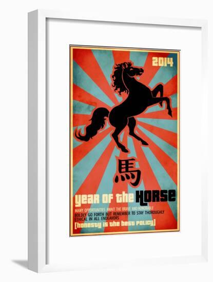 Year Of The Horse Poster - Chinese Zodiac Card With The Rearing Horse And Chinese Character Fo-LanaN.-Framed Art Print