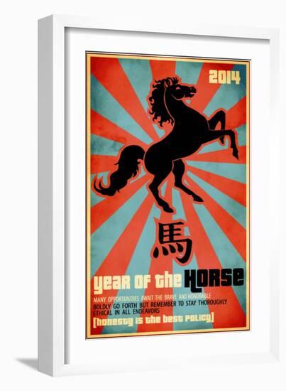 Year Of The Horse Poster - Chinese Zodiac Card With The Rearing Horse And Chinese Character Fo-LanaN.-Framed Art Print