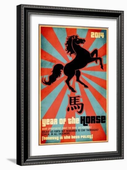 Year Of The Horse Poster - Chinese Zodiac Card With The Rearing Horse And Chinese Character Fo-LanaN.-Framed Art Print