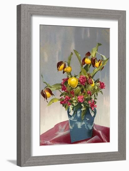 Yellow and Red Flowers in Blue Vase-null-Framed Art Print