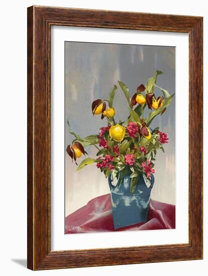 Yellow and Red Flowers in Blue Vase-null-Framed Art Print