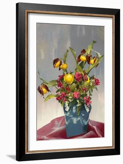 Yellow and Red Flowers in Blue Vase-null-Framed Art Print