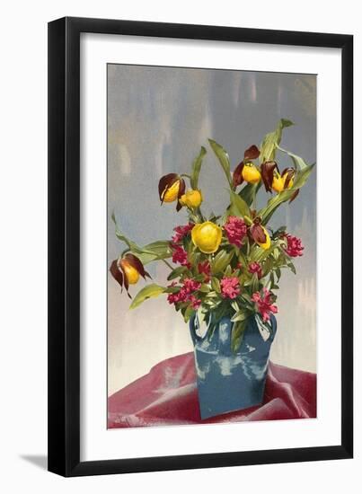 Yellow and Red Flowers in Blue Vase-null-Framed Art Print