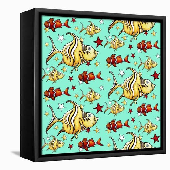 Yellow Angel Fish and Clownfish - Teal-Megan Aroon Duncanson-Framed Premier Image Canvas