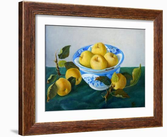 yellow apples in blue and white bowl-Cristiana Angelini-Framed Giclee Print