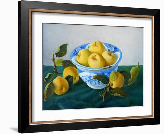 yellow apples in blue and white bowl-Cristiana Angelini-Framed Giclee Print