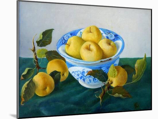 yellow apples in blue and white bowl-Cristiana Angelini-Mounted Giclee Print