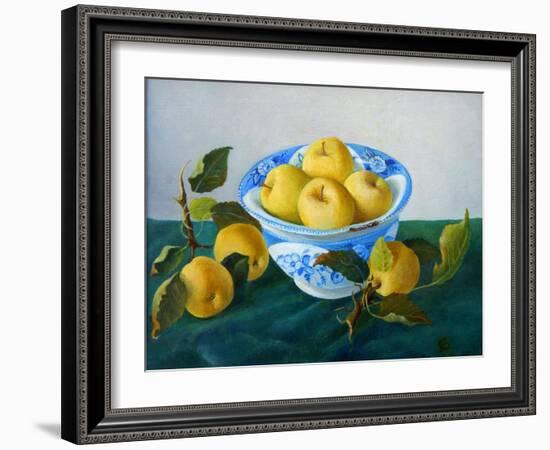 yellow apples in blue and white bowl-Cristiana Angelini-Framed Giclee Print