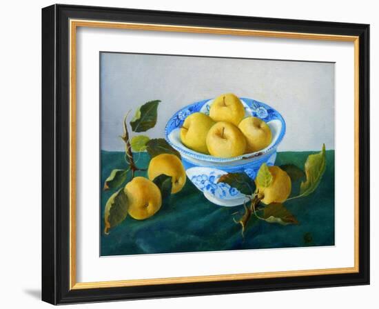 yellow apples in blue and white bowl-Cristiana Angelini-Framed Giclee Print