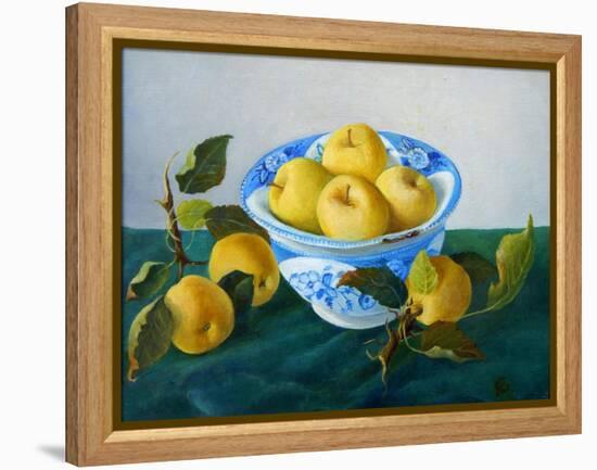 yellow apples in blue and white bowl-Cristiana Angelini-Framed Premier Image Canvas