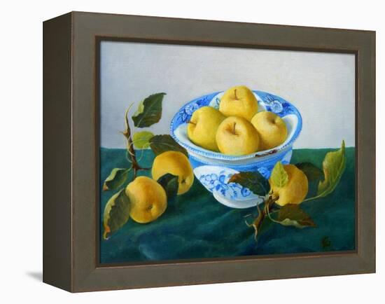 yellow apples in blue and white bowl-Cristiana Angelini-Framed Premier Image Canvas