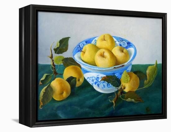 yellow apples in blue and white bowl-Cristiana Angelini-Framed Premier Image Canvas