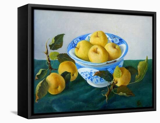 yellow apples in blue and white bowl-Cristiana Angelini-Framed Premier Image Canvas