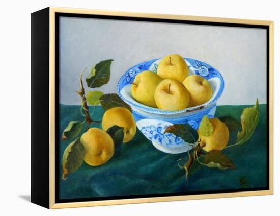 yellow apples in blue and white bowl-Cristiana Angelini-Framed Premier Image Canvas