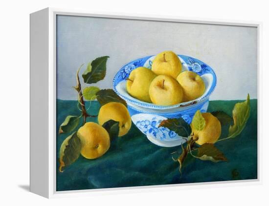 yellow apples in blue and white bowl-Cristiana Angelini-Framed Premier Image Canvas