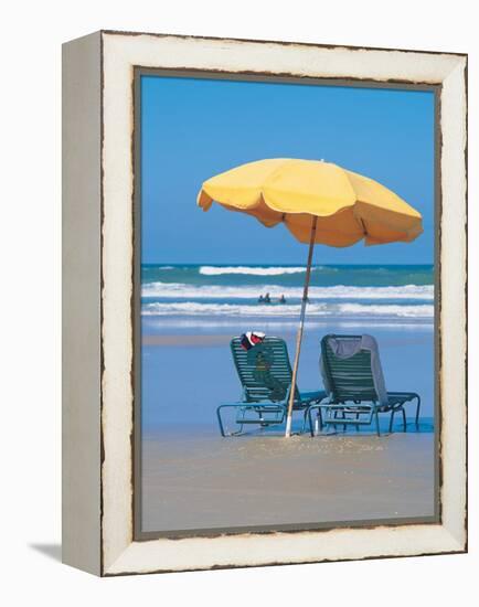 Yellow Beach Umbrella-Mark Gibson-Framed Premier Image Canvas