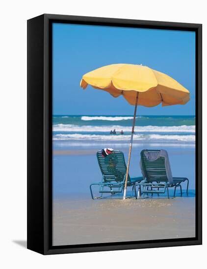 Yellow Beach Umbrella-Mark Gibson-Framed Premier Image Canvas