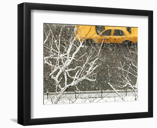 Yellow cab on Park Avenue in a snowstorm-Bo Zaunders-Framed Photographic Print