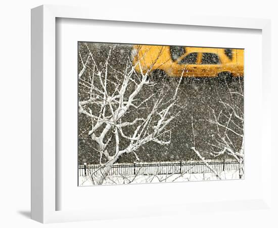 Yellow cab on Park Avenue in a snowstorm-Bo Zaunders-Framed Photographic Print