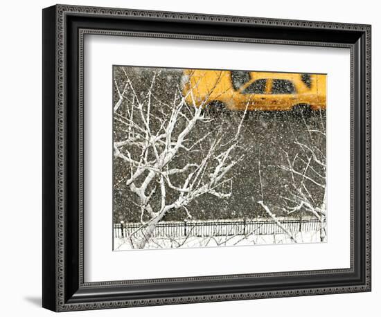 Yellow cab on Park Avenue in a snowstorm-Bo Zaunders-Framed Photographic Print