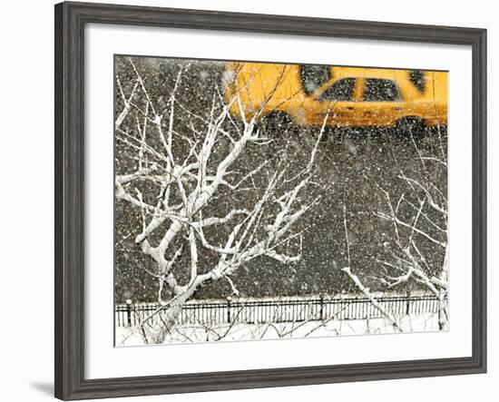 Yellow cab on Park Avenue in a snowstorm-Bo Zaunders-Framed Photographic Print