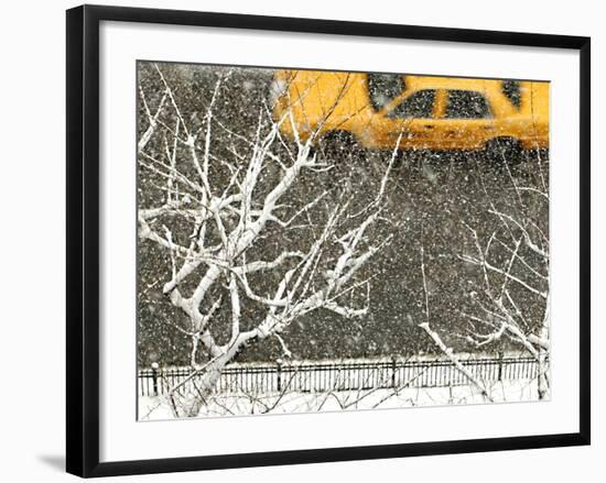 Yellow cab on Park Avenue in a snowstorm-Bo Zaunders-Framed Photographic Print