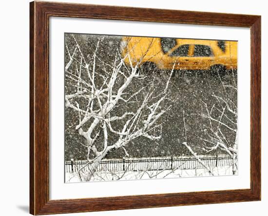 Yellow cab on Park Avenue in a snowstorm-Bo Zaunders-Framed Photographic Print