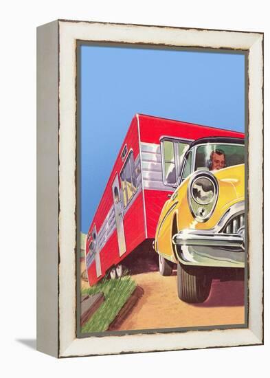 Yellow Car Pulling Red Trailer-null-Framed Stretched Canvas