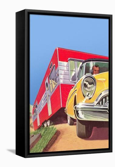 Yellow Car Pulling Red Trailer-null-Framed Stretched Canvas