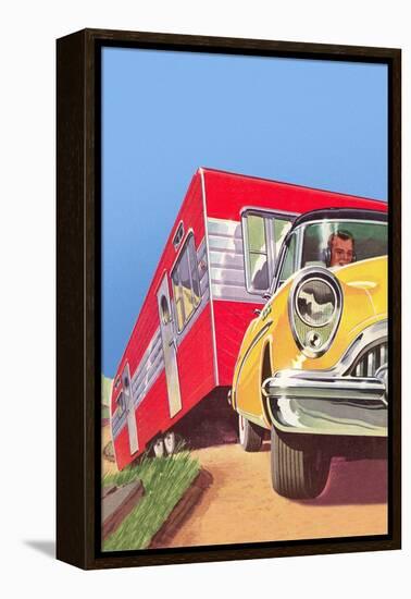 Yellow Car Pulling Red Trailer-null-Framed Stretched Canvas