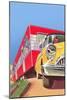 Yellow Car Pulling Red Trailer-null-Mounted Art Print