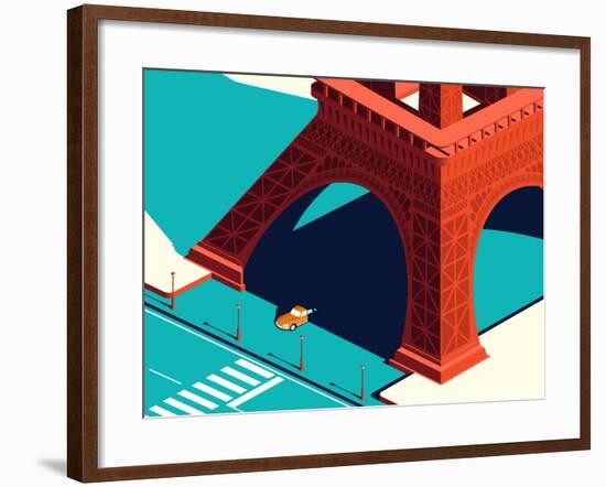 Yellow Car under the Eiffel Tower-Nikola Knezevic-Framed Art Print