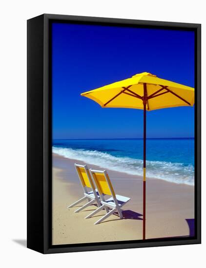 Yellow Chairs and Umbrella on Pristine Beach, Caribbean-Greg Johnston-Framed Premier Image Canvas