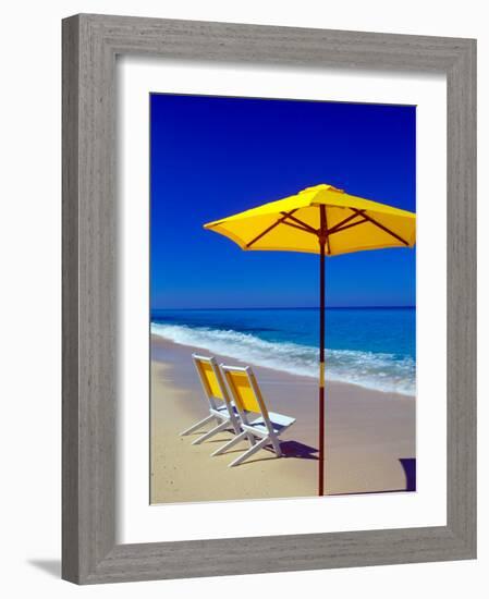 Yellow Chairs and Umbrella on Pristine Beach, Caribbean-Greg Johnston-Framed Photographic Print