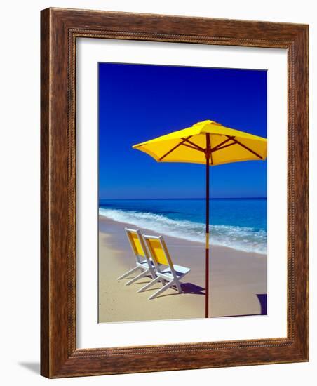 Yellow Chairs and Umbrella on Pristine Beach, Caribbean-Greg Johnston-Framed Photographic Print