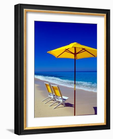 Yellow Chairs and Umbrella on Pristine Beach, Caribbean-Greg Johnston-Framed Photographic Print