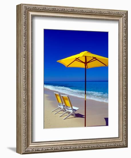 Yellow Chairs and Umbrella on Pristine Beach, Caribbean-Greg Johnston-Framed Photographic Print