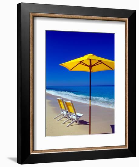 Yellow Chairs and Umbrella on Pristine Beach, Caribbean-Greg Johnston-Framed Photographic Print